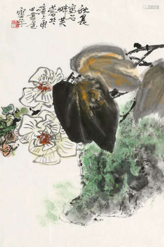 张雷平（b.1945） 石畔芙蓉 镜框 设色纸本