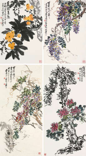 王公助（1923～2007）曹用平（1922～2018） 乙亥（1995）年作 花卉 （四幅） 镜片 设色纸本