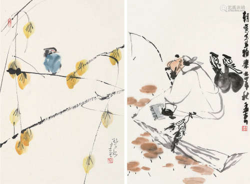 杨正新（b.1942）王孟奇（b.1947） 春意·垂钓 镜片 设色纸本