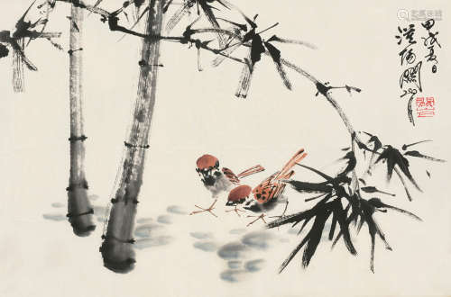 关山月（1912～2000） 甲戌（1994）年作 竹雀图 镜片 设色纸本