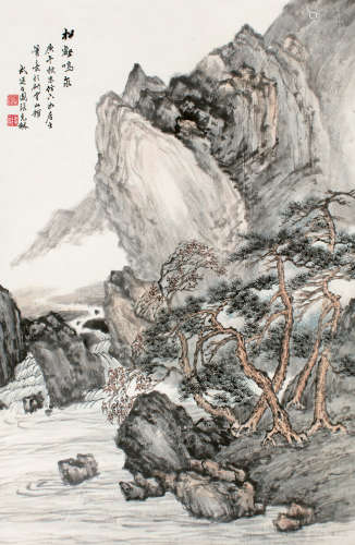 张石园（1898～1960） 庚午（1930）年作 松鹤鸣泉 立轴 设色纸本