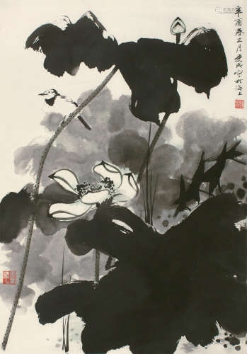 邱受成（b.1929） 辛酉（1981）年作 荷塘小鸟 立轴 设色纸本