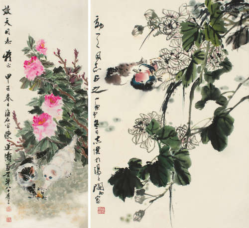陈莲涛（1902～1992后）汪志杰（b.1931） 甲子（1984）年作、庚申（1980）年作 耄耋图 芙蓉鸳鸯 立轴 设色纸本