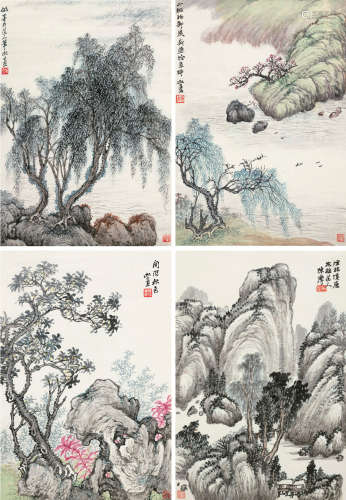 陈摩（1887～1946） 山水 四屏 立轴 设色纸本