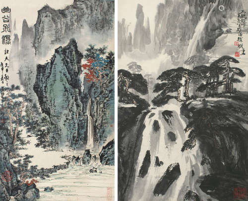胡考徐耀 庚申（1980）年作、辛酉（1981）年作 幽谷飞瀑 且听龙吟 立轴 设色纸本