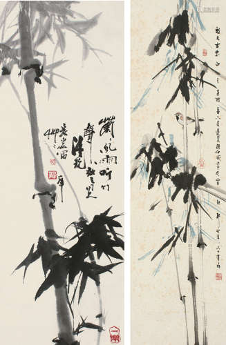 富华（b.1928）孙仲威（1917～？） 辛酉（1981）年作 劲竹 竹雀图 立轴 设色纸本