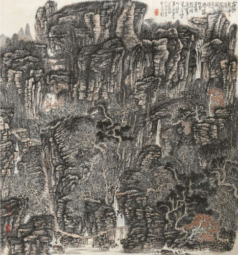 黄秋园（1913～1979） 丙辰（1976）年作 密林飞瀑 镜片 设色纸本