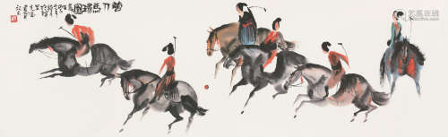 彭先城（b.1941） 丙子（1996）年作 唐人马球图 镜片 设色纸本