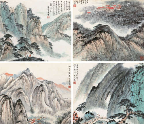 贺天健 1891～1977 壬午（1942）年作 山水 四屏 镜片 设色纸本