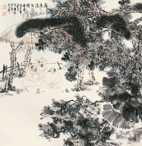 王明明 b.1952 癸未（2003）年作 高逸清谈图 立轴 设色纸本