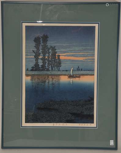 Woodblock print. Japan. Signed Hasui and dated 1931. Scene of a boat at dusk and a night time village scene. 15