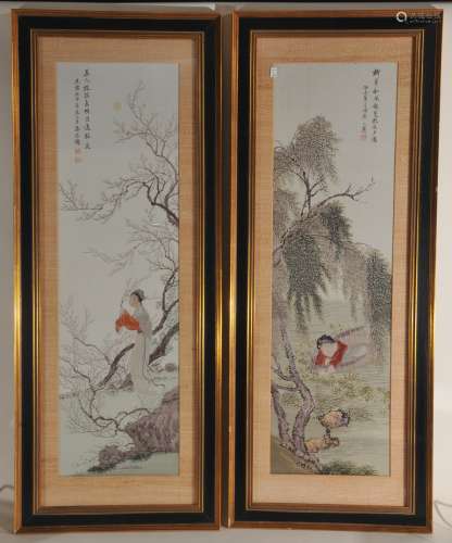 Two silk embroideries. China. Mid 20th century. Scenes of women and inscriptions. One with a Kuang Hsu date. 43-1/2