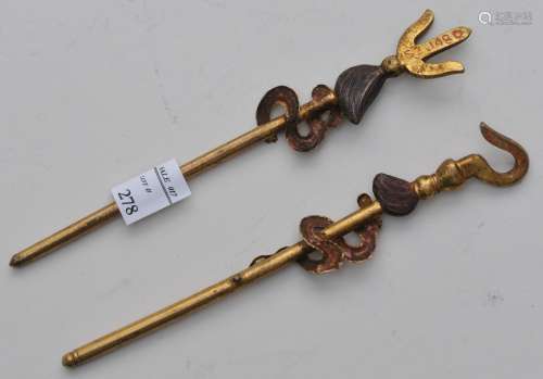 Two Tantric ritual items. China. 19th century. Gilt bronze: A hook and a trident. 5-1/2