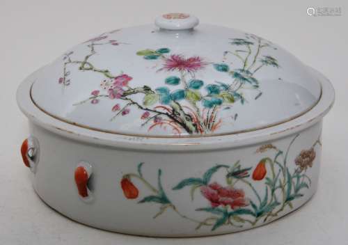 Porcelain covered dish. China. 19th century. Famille Rose decoration of flowers and insects. 8-1/2