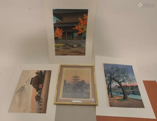 Four woodblock prints. Three by Hasui, the other a framed and glazed print by Toshi Yoshida.