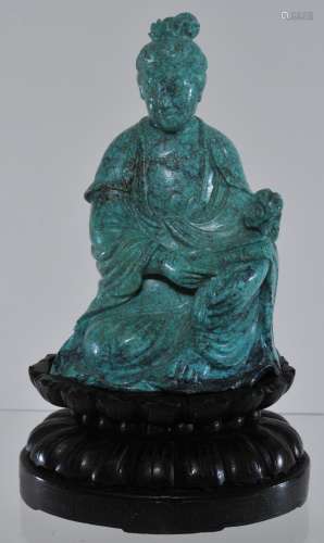 Turquoise carving. China. 20th century. Seated figure of The Goddess of Mercy- Kuan Yin. 3-3/4
