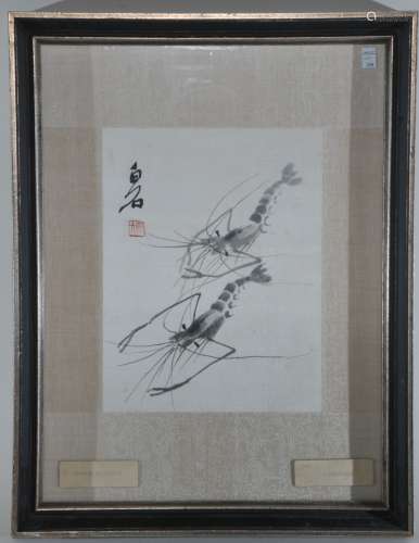 Embroidery. China. Mid 20th century. Ink and colours on paper. Two shrimp. Signed Pai Shih with a single seal. 11