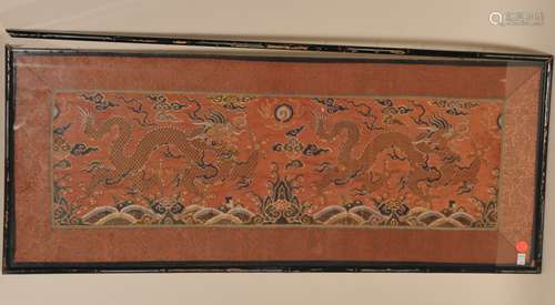 Textile panel. China 18th century. Silk brocade with Mang dragons, pearls, cloud and waves on an orange ground. 29-1/2