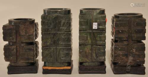 Four hardstone ritual works. China. 19th century. Tsung of a forest green colour. Each about 7