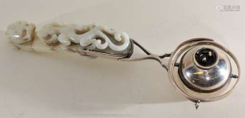 Cigar lighter . Sterling silver with a chicken bone white jade garment hook. (Fissure). 9