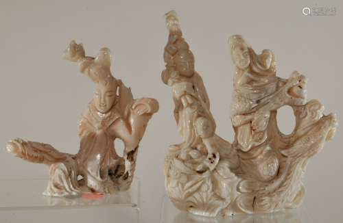 Pair of coral carvings. China. 20th century. White colour. Both carved as figures of Kuan Yin.  6-1/2
