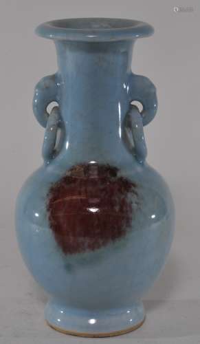 Porcelain vase. China. Early 20th century. Chun style glaze of blue with a splash of red. Faux jump rings. 9