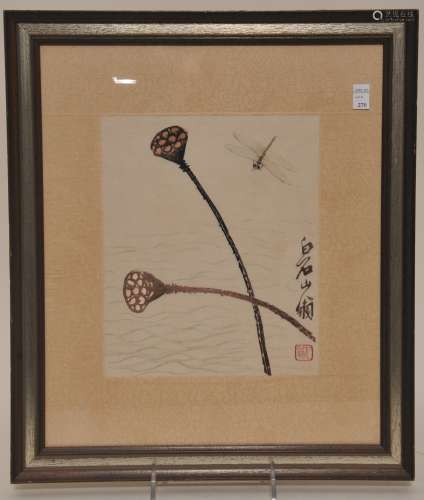 Silk embroidery. China. Mid 20th century. A dragonfly and lotus pods. After Chi Pai Shih. 7