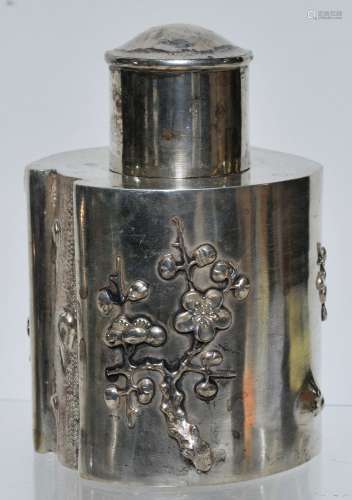 Chinese Export silver tea caddy. Early 20th century. Worked as a tree stump with flowering branches. Singed Laichang on base. 5