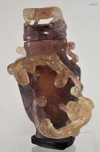 Amethyst covered jar. China. Early 20th century. Surface carved with chih lung in high relief.  6-1/2