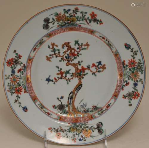 Porcelain plate. China. 18th century. Export ware. Famille Rose decoration of birds and flowers with gilt. 8-3/4