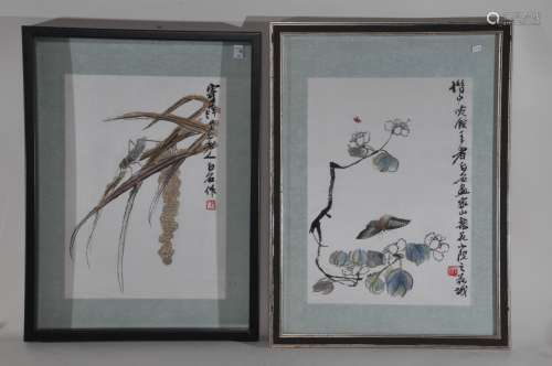 Two silk embroideries. China. Mid 20th century. One with a flowering tree and butterflies; the other with a grasshopper and millet. 13