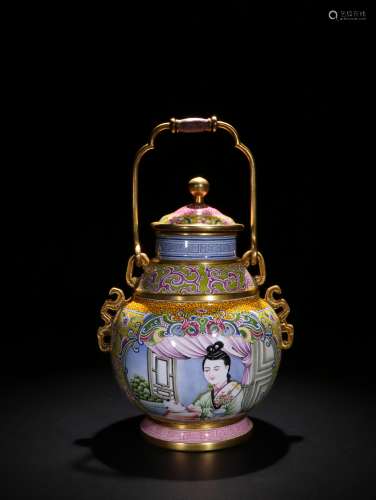 Qing Painted Enamel 'Beauty' Wine Vessel, Zun