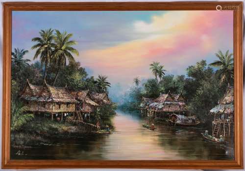 A Signed Oil Painting 'Boats And House'