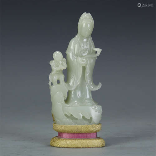 CHINESE CELADON JADE STANDING GUANYIN