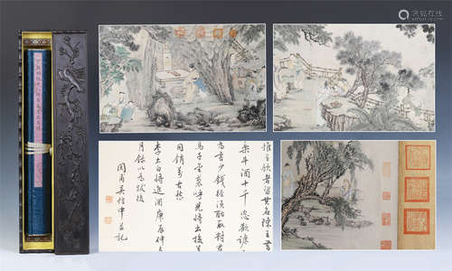 CHINESE HAND SCROLL PAINTING OF MEN IN MOUNTAIN WITH CALLIGRAPHY