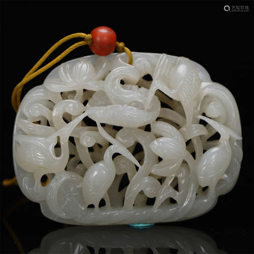 CHINESE WHITE JADE PIERCED CARVED CRANE AND LOTUS PLAQUE