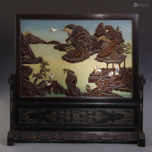 CHINESE GEM STONE INLAID MOUNTAIN VIEWS ZITAN FLOOR SCREEN