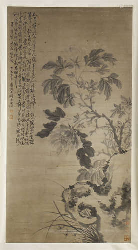 CHINESE SCROLL PAINTING OF FLOWER WITH CALLIGRAPHY