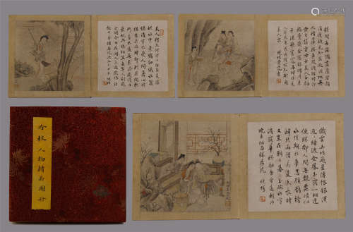 SEVEN PAGES OF CHINESE ALBUM PAINTING OF BEAUTIES IN GARDEN WITH CALLIGRAPHY