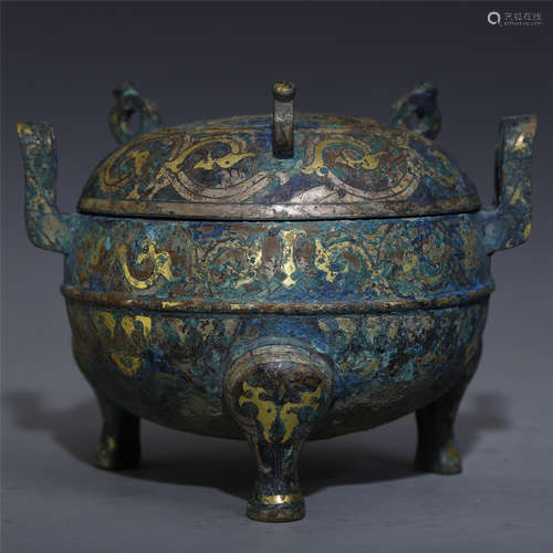 CHINESE GOLD INLAID BRONZE TRIPLE FEET CENSER