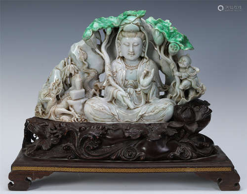 CHINESE JADEITE SEATED GUANYIN ON ROSEWOOD BASE