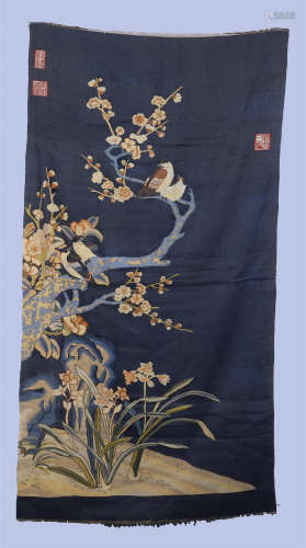 CHINESE BLUE KESI EMBROIDERY TAPESTRY OF BIRD AND FLOWER