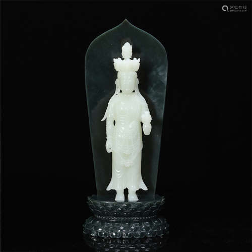 CHINESE WHTIE JADE STNDING GUANYIN ON SPINACH JADE NICHE