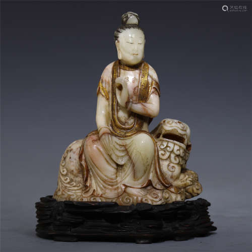 CHINESE SOAPSTONE CARVED GUANYIN ON LION
