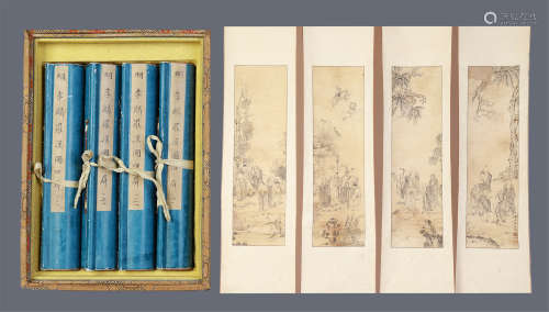 FOUR PANELS OF CHINESE SCROLL PAINTING OF MEN IN GARDEN