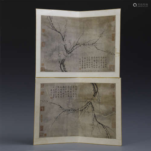 TWO PAGELS OF CHINESE ALBUM PAINTING OF PLUM BLOSSOMMING