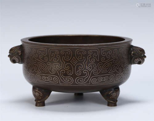 CHINESE SILVER THREAD INLAID LION HEAD HANDLE ROUND CENSER