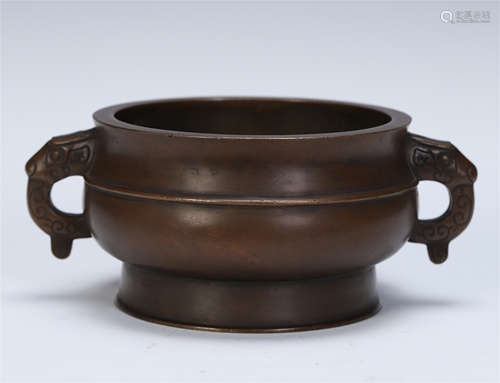 CHINESE BRONZE DRAGON HANDLE ROUND CENSER