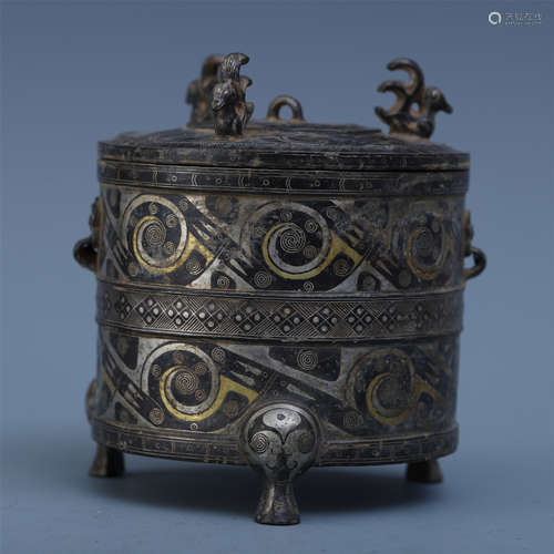 CHINESE GOLD SILVER INLAID BRONZE TRIPLE FEET JAR