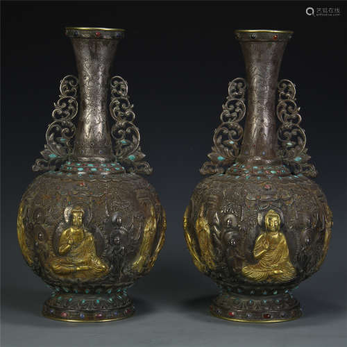 PAIR OF CHINESE GEM STONE INLAID PARTLY GILT SILVER BUDDHA VASES